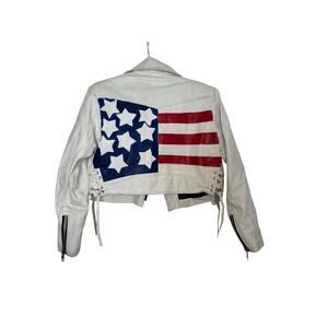 Vintage White Leather Moto Jacket USA Flag Back Stars & Stripes Women’s